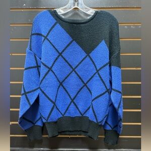Vintage Jason Maxwell Blue Black Argyle Knit Sweater XL
